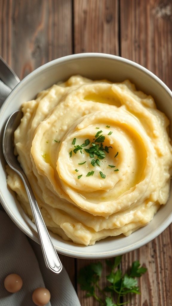 Creamy mashed malanga in a bowl, garnished with parsley, on a rustic wooden table.